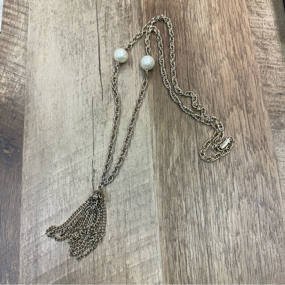 Long silver necklace with pearl accents and metal tassel, 30 inches